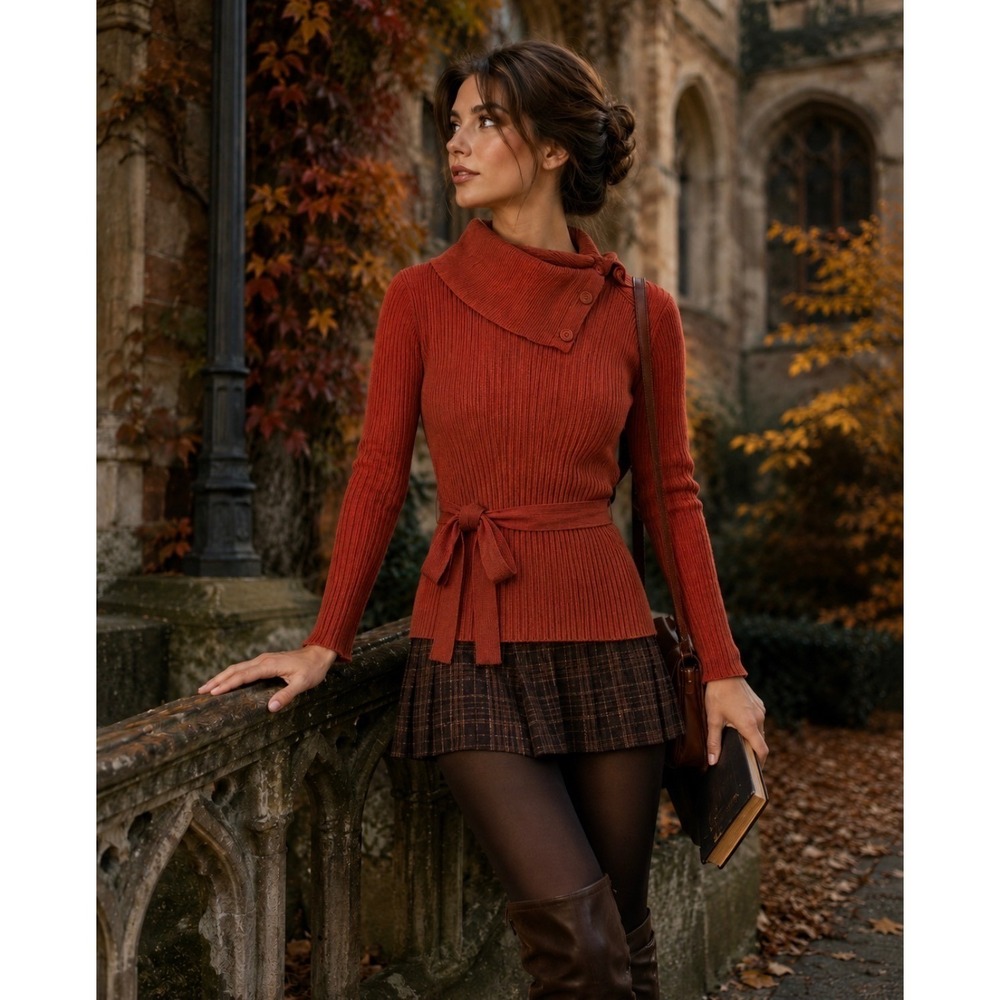 Dark Academia Rust Ribbed Belted Sweater Cowl Neck L